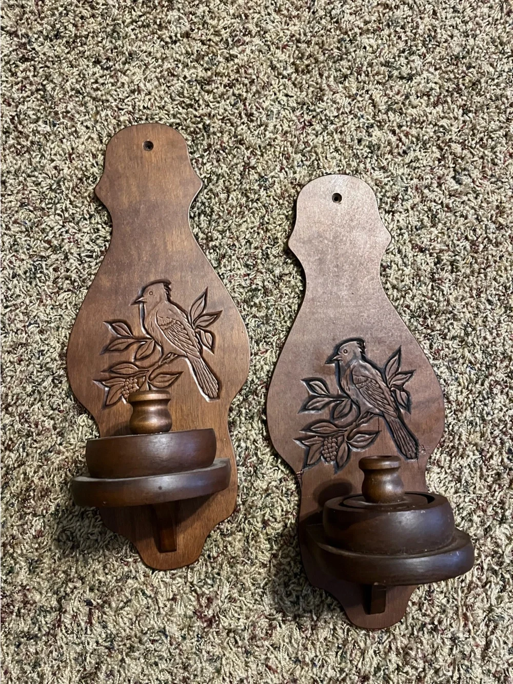 Rustic Brown Wooden Wall Sconce with Bird Carving set/2